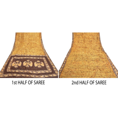 Sanskriti Vintage Saree 100% Pure Silk Batik Work Heavy Saree Yellow & Brown 5yd Craft Fabric India Traditional Art By Handmade, Home Decor Projects