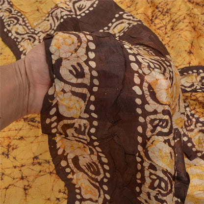 Sanskriti Vintage Saree 100% Pure Silk Batik Work Heavy Saree Yellow & Brown 5yd Craft Fabric India Traditional Art By Handmade, Home Decor Projects