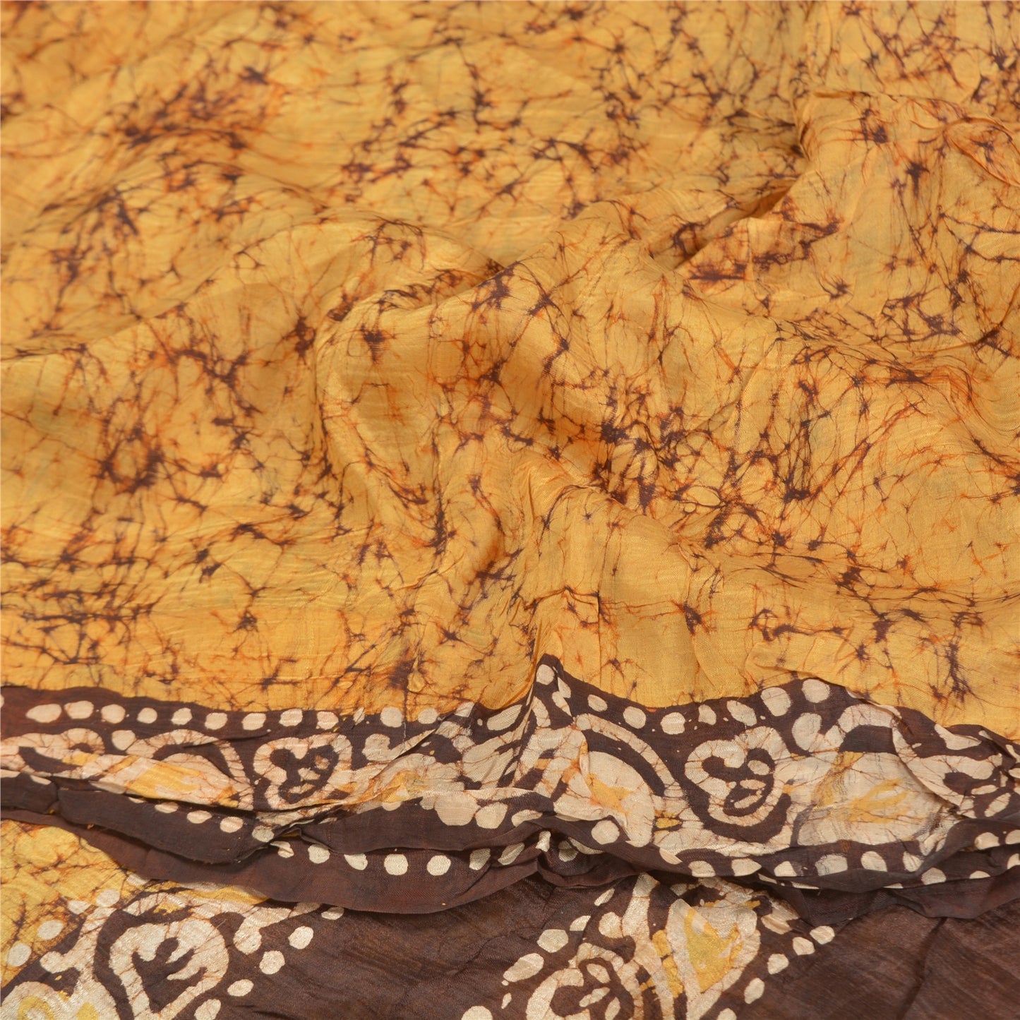Sanskriti Vintage Saree 100% Pure Silk Batik Work Heavy Saree Yellow & Brown 5yd Craft Fabric India Traditional Art By Handmade, Home Decor Projects