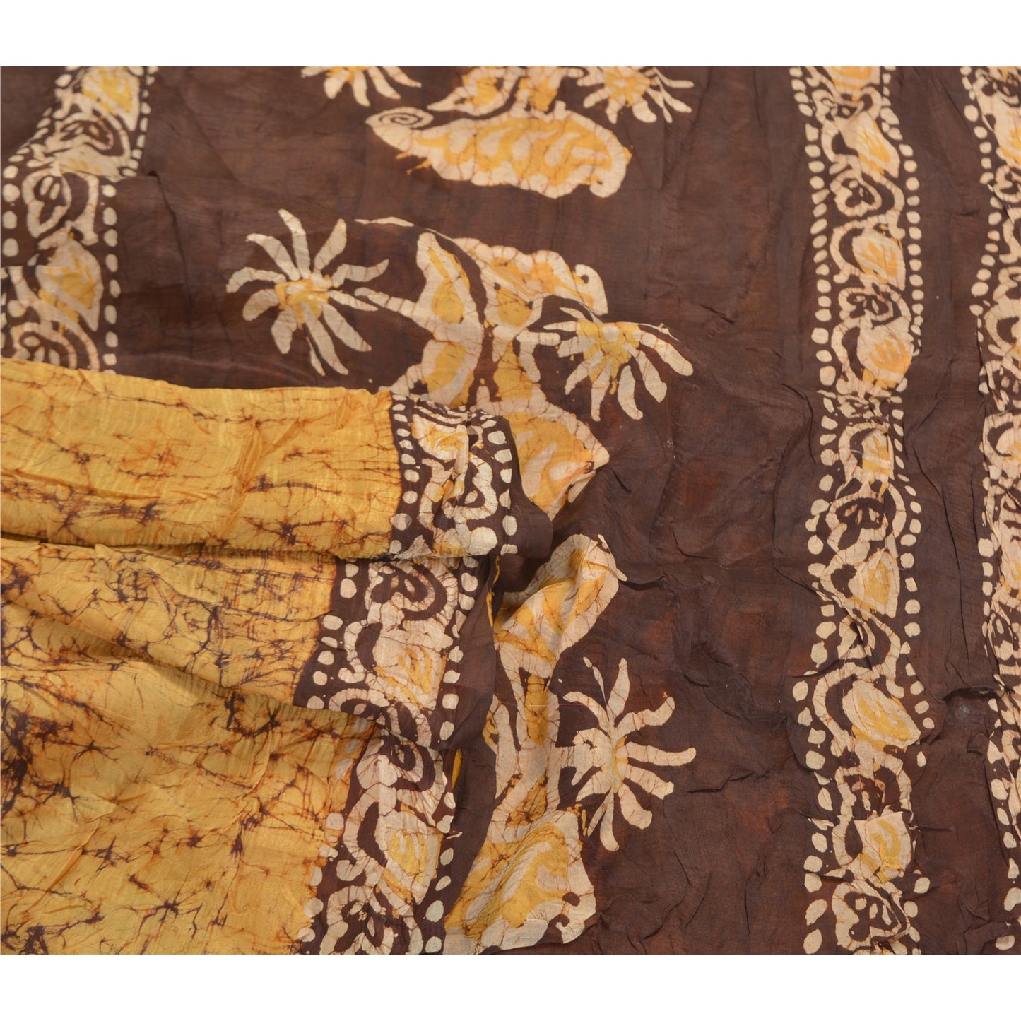 Sanskriti Vintage Saree 100% Pure Silk Batik Work Heavy Saree Yellow & Brown 5yd Craft Fabric India Traditional Art By Handmade, Home Decor Projects