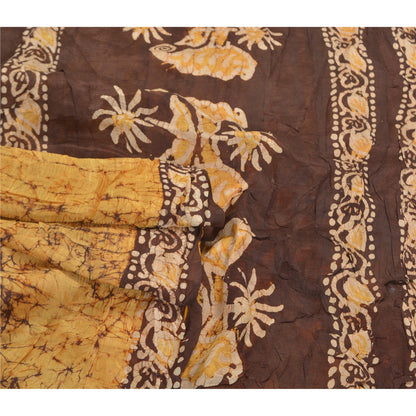 Sanskriti Vintage Saree 100% Pure Silk Batik Work Heavy Saree Yellow & Brown 5yd Craft Fabric India Traditional Art By Handmade, Home Decor Projects