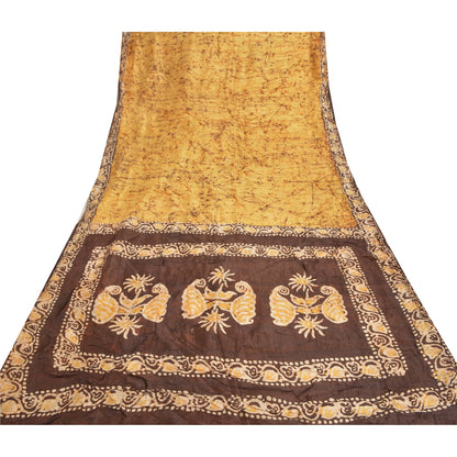 Sanskriti Vintage Saree 100% Pure Silk Batik Work Heavy Saree Yellow & Brown 5yd Craft Fabric India Traditional Art By Handmade, Home Decor Projects