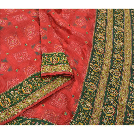 Sanskriti Vintage Heavy Red Sarees Pure Silk Hand Beaded Bandhani Sari Sustainable Fabric
