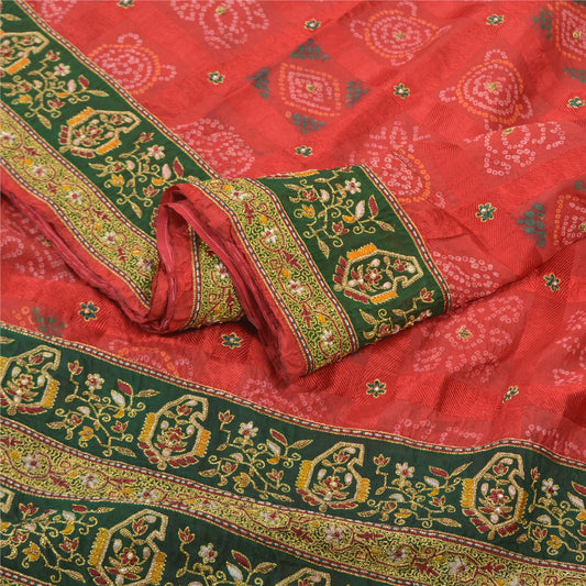 Sanskriti Vintage Heavy Red Sarees Pure Silk Hand Beaded Bandhani Sari Sustainable Fabric
