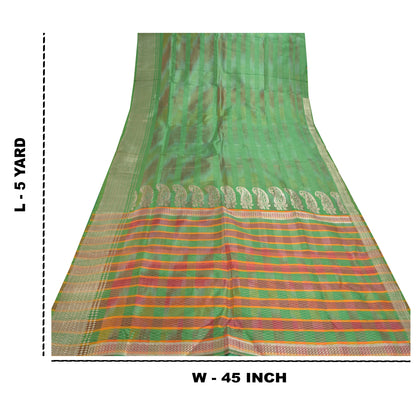 Sanskriti Vintage Heavy Sari Vævet 100% Ren Satin Silke Bæredygtigt Stof Grøn Sari