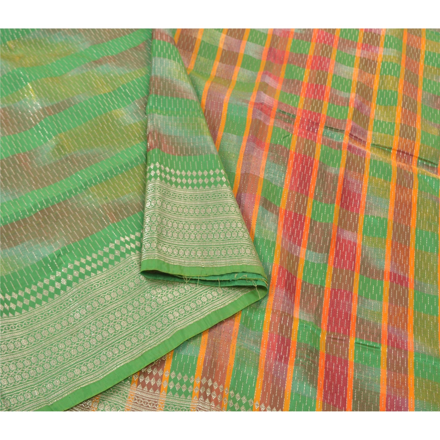 Sanskriti Vintage Heavy Sari Vævet 100% Ren Satin Silke Bæredygtigt Stof Grøn Sari