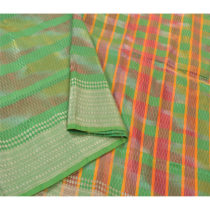 Sanskriti Vintage Heavy Sari Vævet 100% Ren Satin Silke Bæredygtigt Stof Grøn Sari