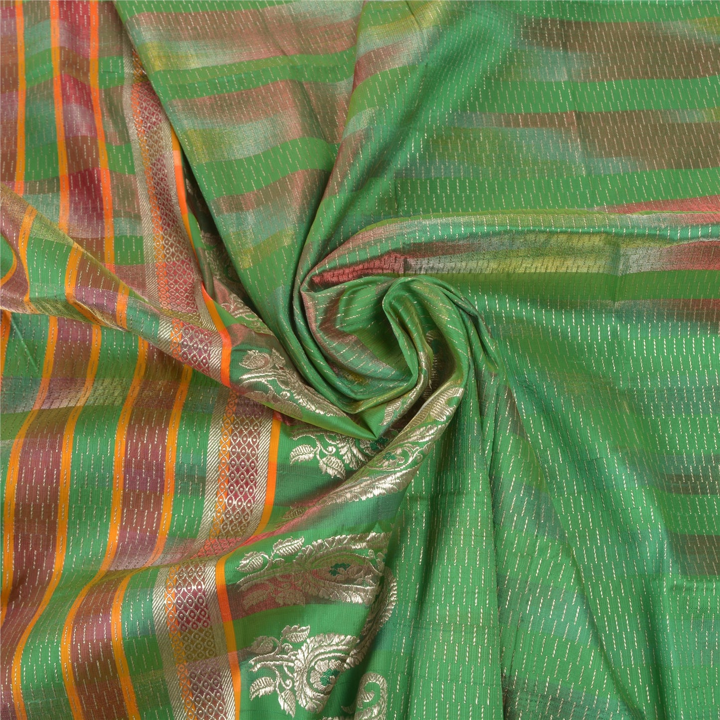 Sanskriti Vintage Heavy Sari Vævet 100% Ren Satin Silke Bæredygtigt Stof Grøn Sari