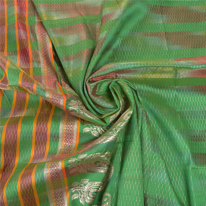 Sanskriti Vintage Heavy Sari Vævet 100% Ren Satin Silke Bæredygtigt Stof Grøn Sari