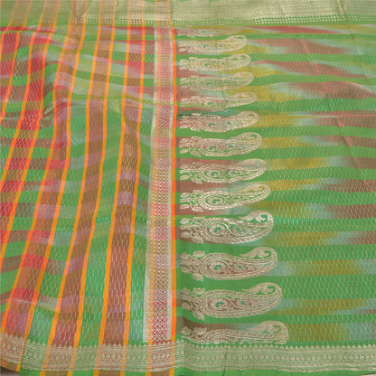 Sanskriti Vintage Heavy Sari Vævet 100% Ren Satin Silke Bæredygtigt Stof Grøn Sari