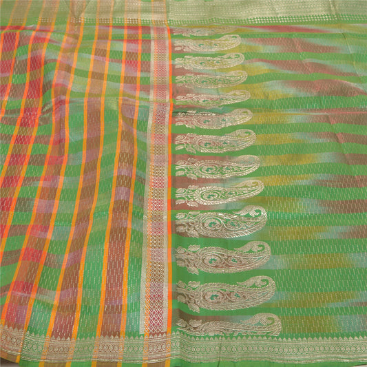 Sanskriti Vintage Heavy Sari Vævet 100% Ren Satin Silke Bæredygtigt Stof Grøn Sari
