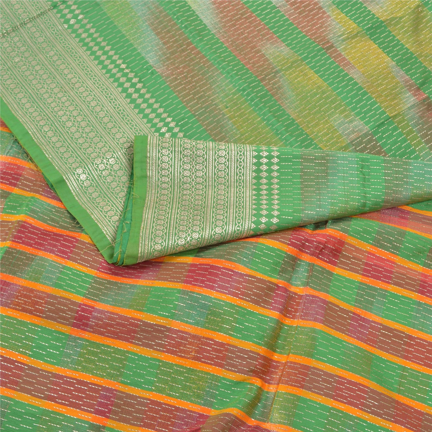 Sanskriti Vintage Heavy Sari Vævet 100% Ren Satin Silke Bæredygtigt Stof Grøn Sari