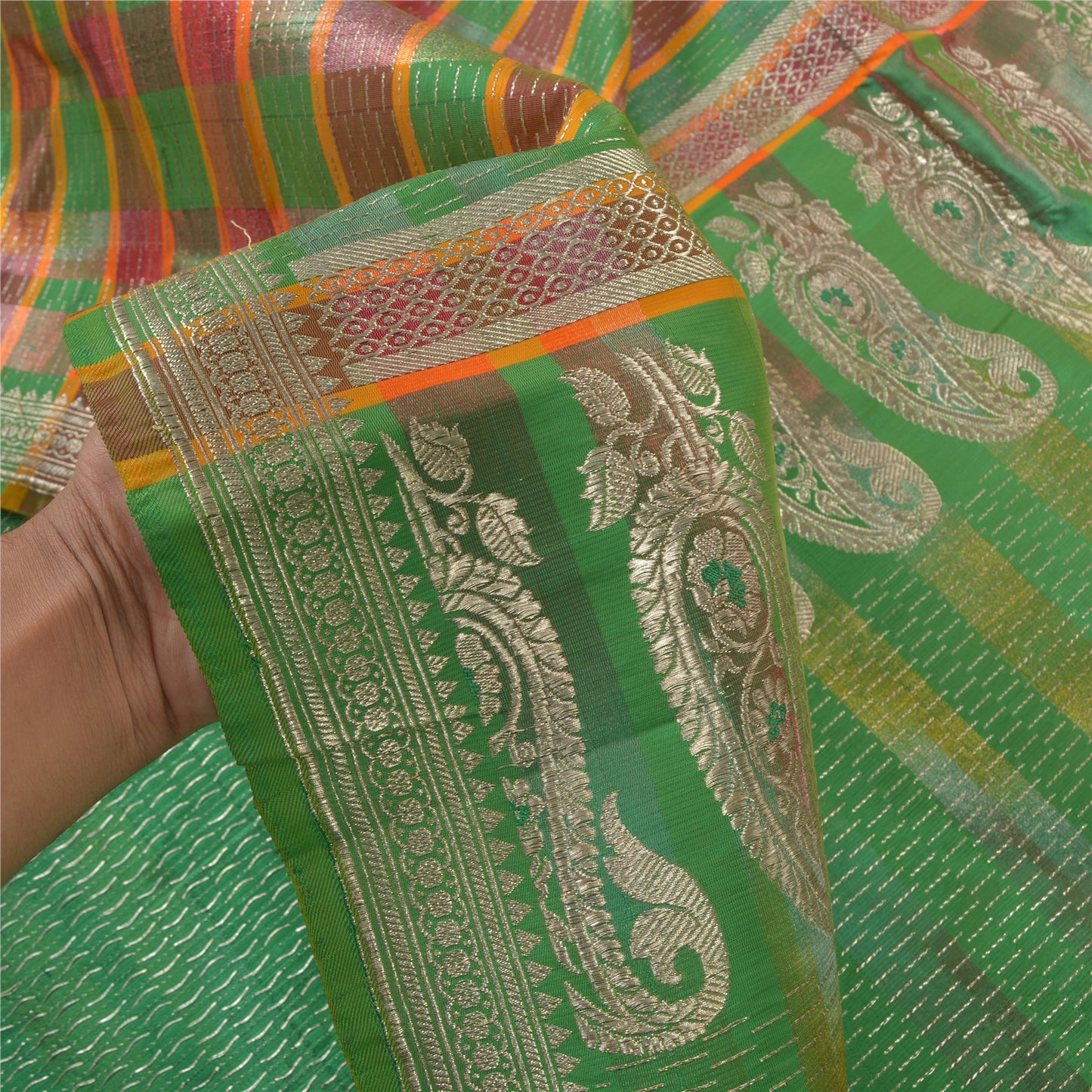 Sanskriti Vintage Heavy Sari Vævet 100% Ren Satin Silke Bæredygtigt Stof Grøn Sari