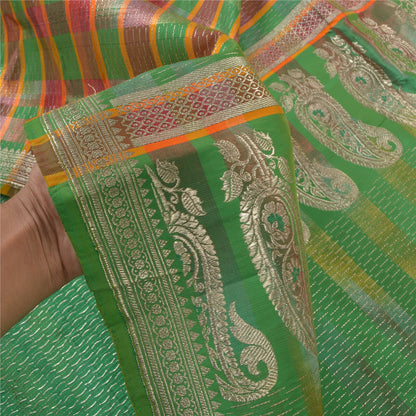 Sanskriti Vintage Heavy Sari Vævet 100% Ren Satin Silke Bæredygtigt Stof Grøn Sari