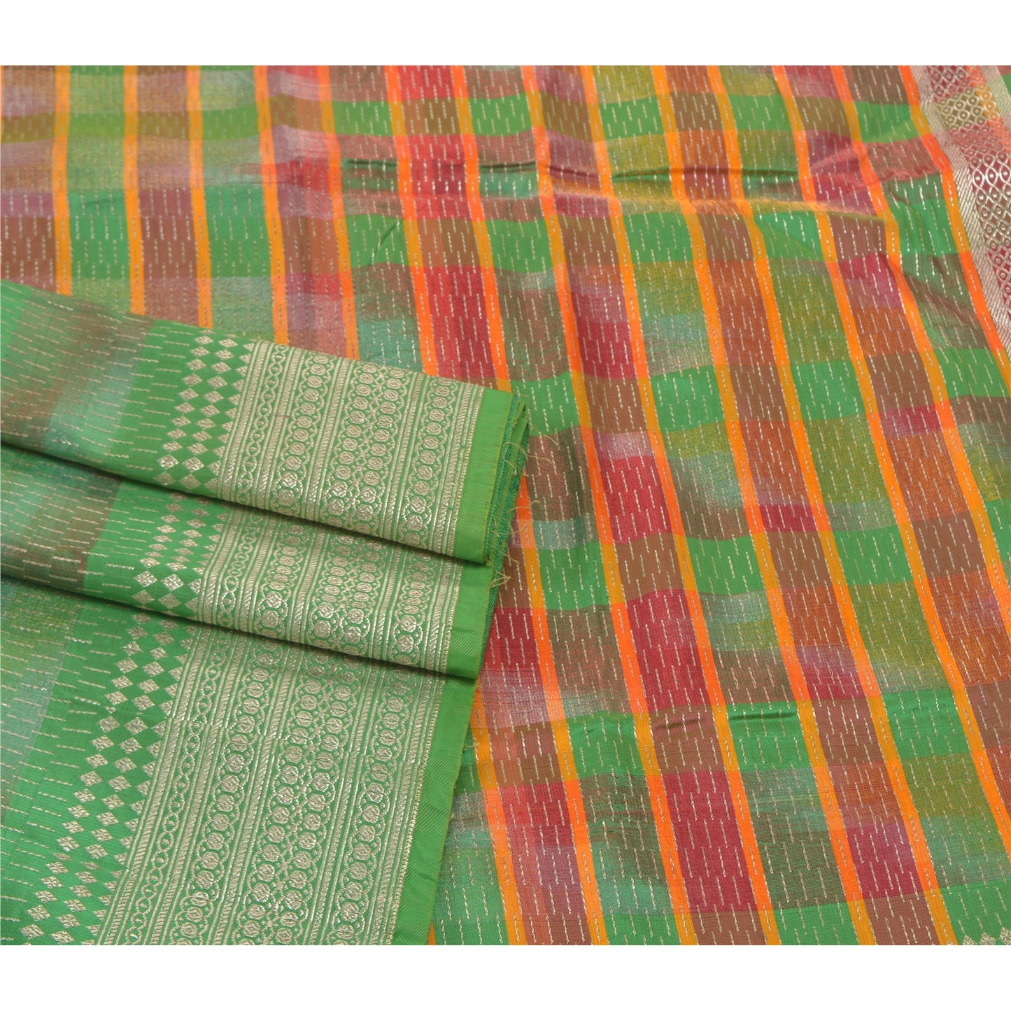 Sanskriti Vintage Heavy Sari Vævet 100% Ren Satin Silke Bæredygtigt Stof Grøn Sari