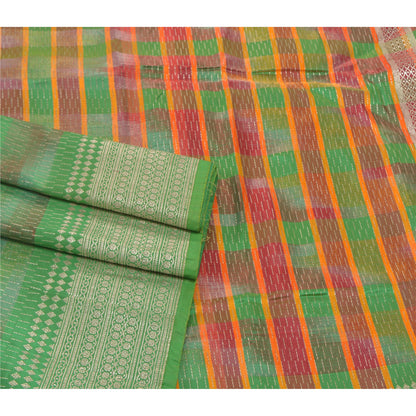 Sanskriti Vintage Heavy Sari Vævet 100% Ren Satin Silke Bæredygtigt Stof Grøn Sari