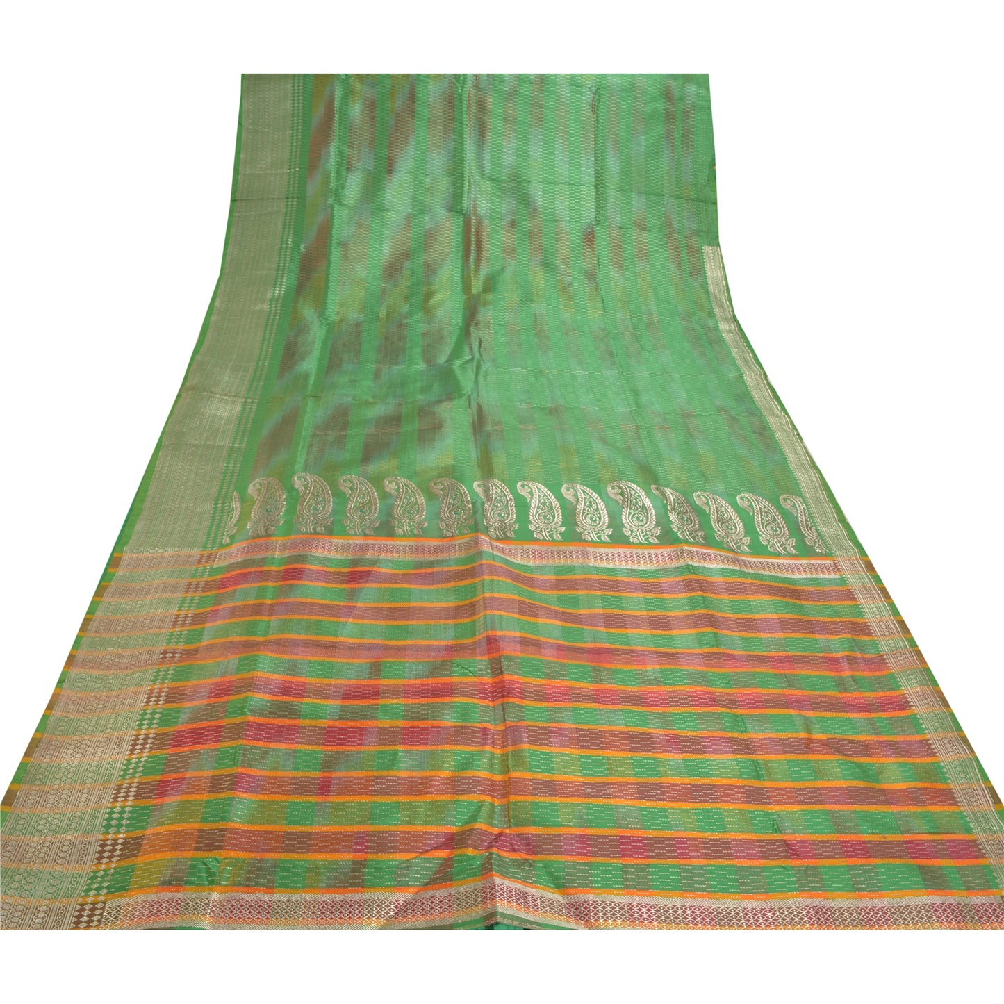 Sanskriti Vintage Heavy Sari Vævet 100% Ren Satin Silke Bæredygtigt Stof Grøn Sari