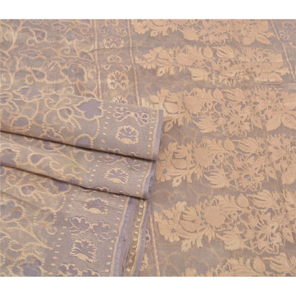 Sanskriti Vintage Grey Net Saree: Woven Floral Fabric, Craft Supply Boho Colorful Indian Saree Quilting Material For DIY Projects