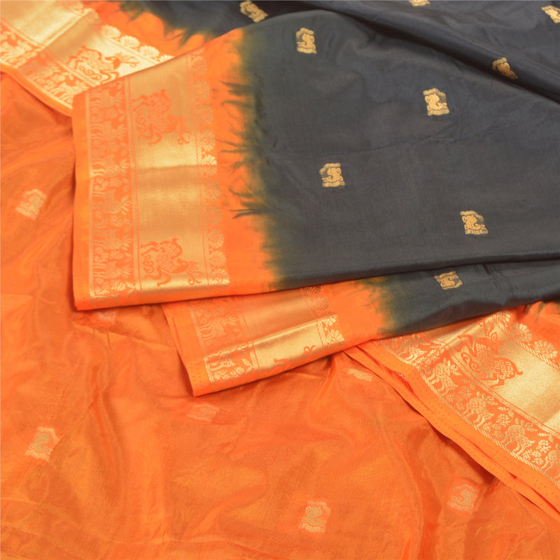Sanskriti Vintage Vintage Saree Art Silk Brocade Sarees Black & Orange Wedding Saree Woven Zari Saree 5yd Craft Supplies Fabric upholstery fabric
