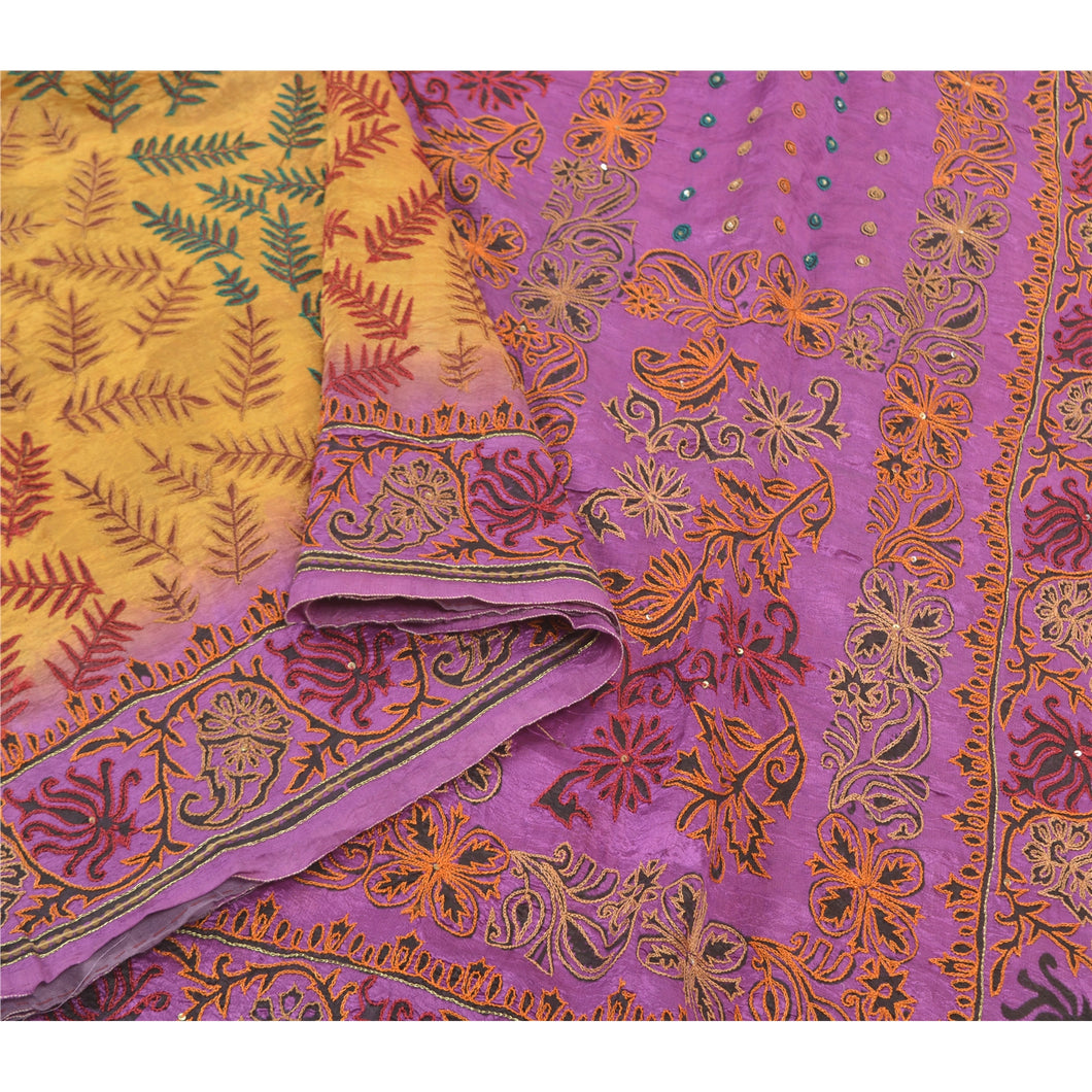 Sanskriti Vintage Purple Indian Sarees Pure Silk Hand Beaded Kantha Sari Fabric
