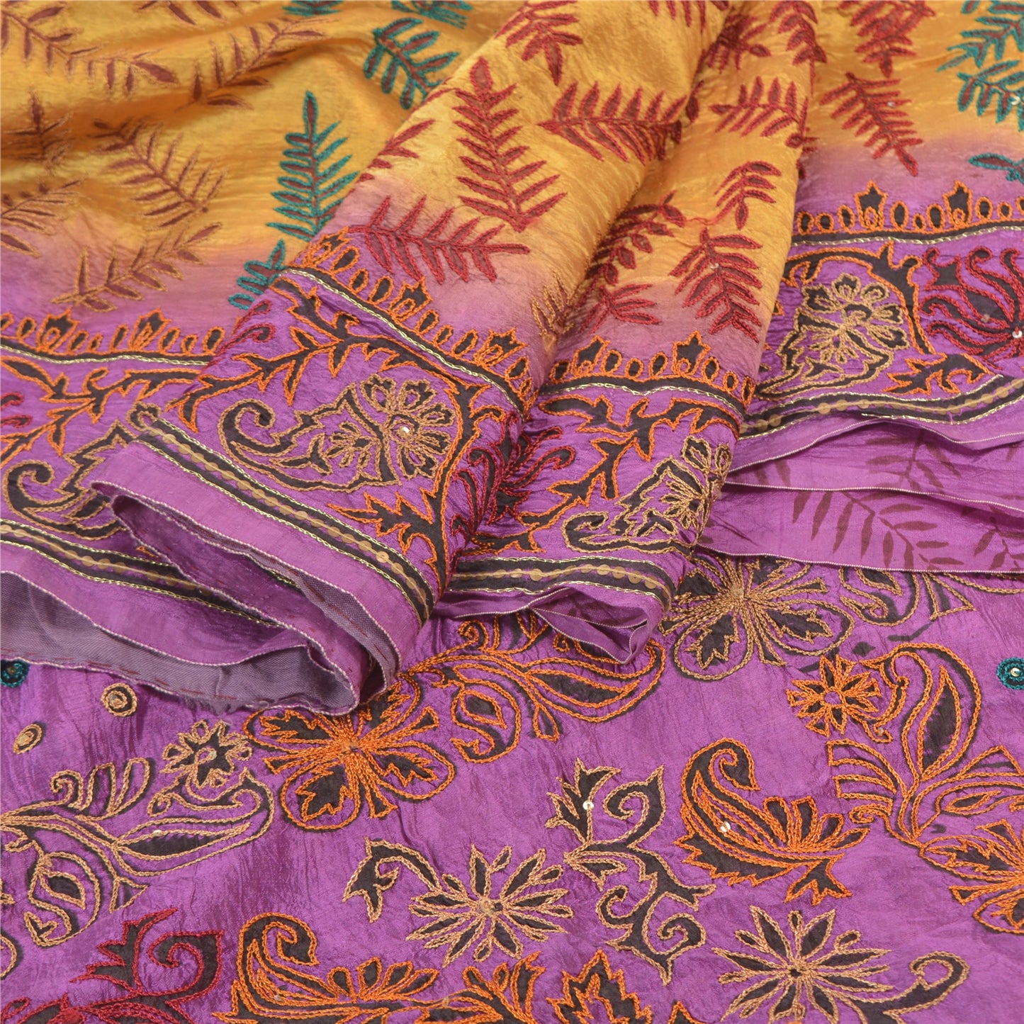 Sanskriti Vintage Purple Indian Sarees Pure Silk Hand Beaded Kantha Sari Sustainable Fabric