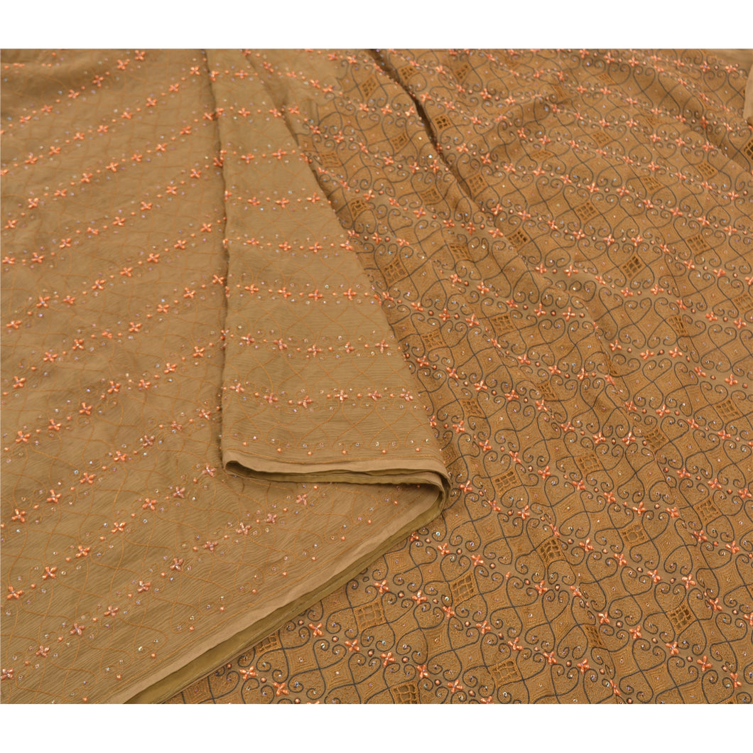Sanskriti Vintage Heavy Brown Sarees Pure Chiffon Silk Hand Beaded Sari Fabric