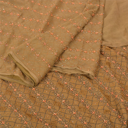 Sanskriti Vintage Heavy Brown Sarees Pure Chiffon Silk Hand Beaded Sari Sustainable Fabric