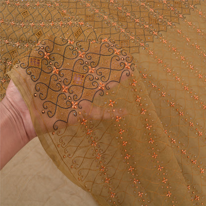 Sanskriti Vintage Heavy Brown Sarees Pure Chiffon Silk Hand Beaded Sari Sustainable Fabric