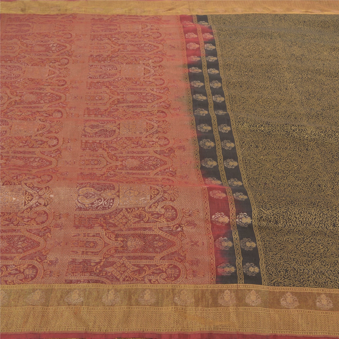 Sanskriti Vintage Green Heavy Indian Sarees Pure Silk Woven Zari Sari Sustainable Fabric