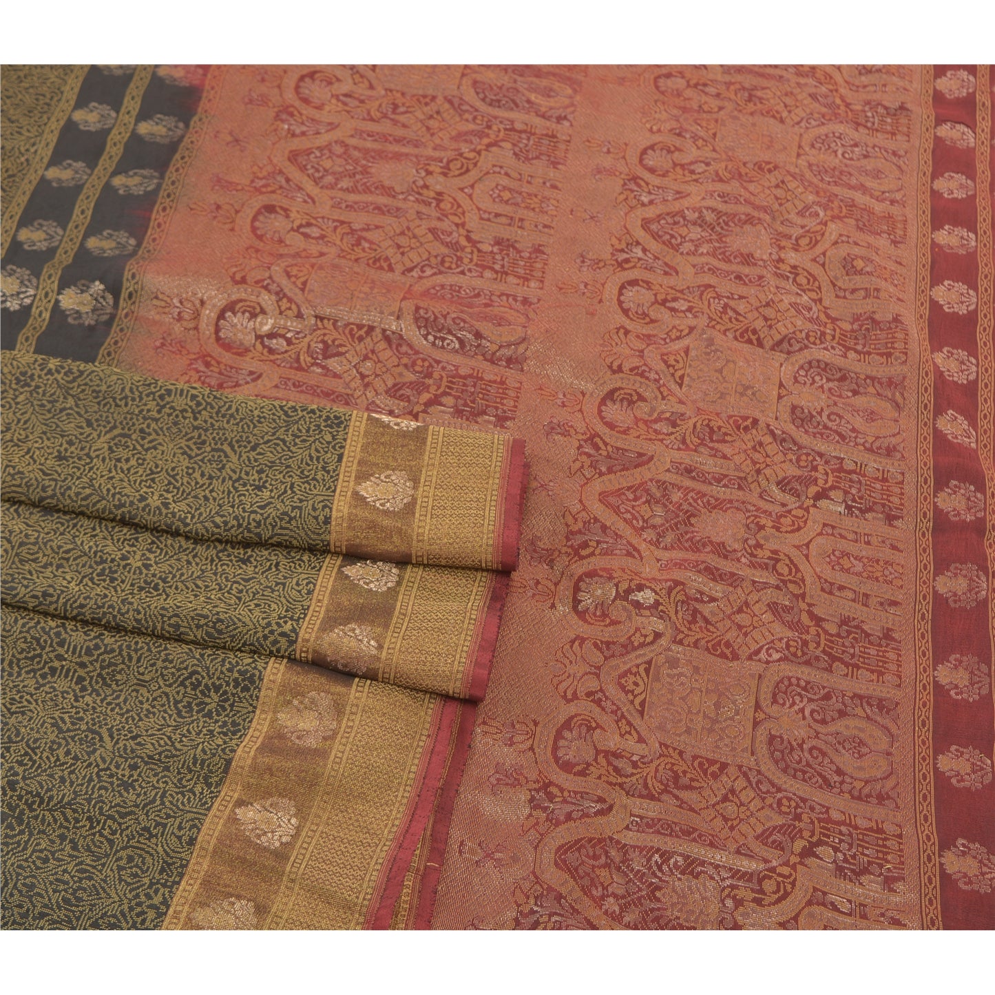 Sanskriti Vintage Green Heavy Indian Sarees Pure Silk Woven Zari Sari Sustainable Fabric