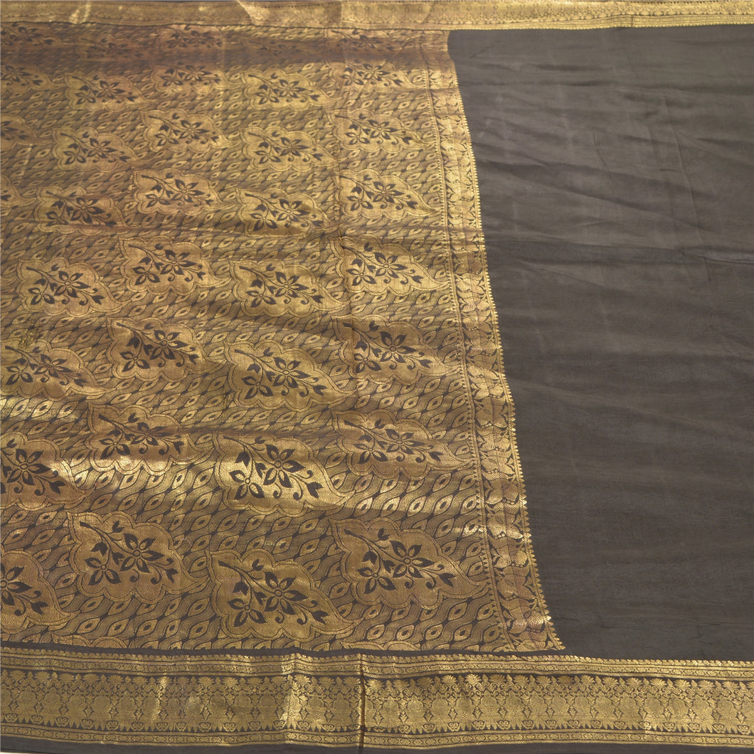 Sanskriti Vintage Heavy Black Sarees Pure South Silk Brocade Zari Sari Fabric