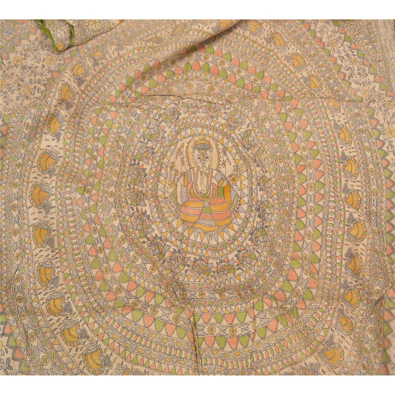 Sanskriti Vintage Saree 100% Pure Silk Mustard Yellow & Ivory Sarees Madhubani Print 5yd Craft Fabric India Village Art By Handmade
