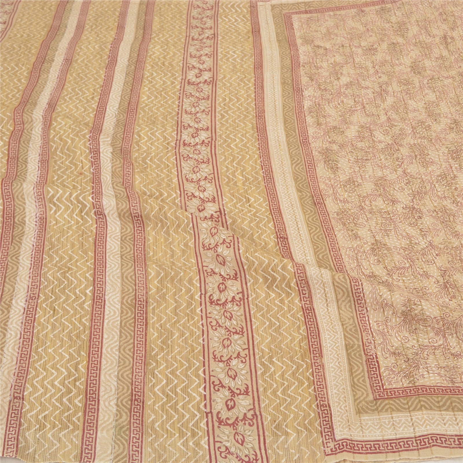 Sanskriti Vintage Saree 100% Pure Silk Ivory Indian Sarees Hand Block Printed 5 Yard Craft Fabric Ideal for Decor, Bag Making, or Quilts”