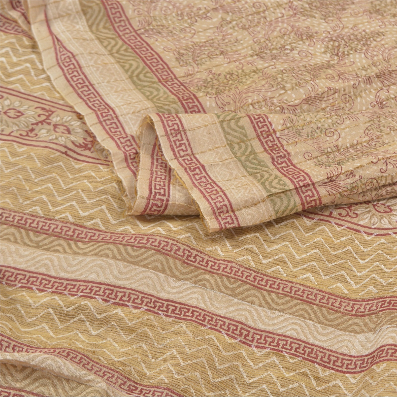 Sanskriti Vintage Saree 100% Pure Silk Ivory Indian Sarees Hand Block Printed 5 Yard Craft Fabric Ideal for Decor, Bag Making, or Quilts”