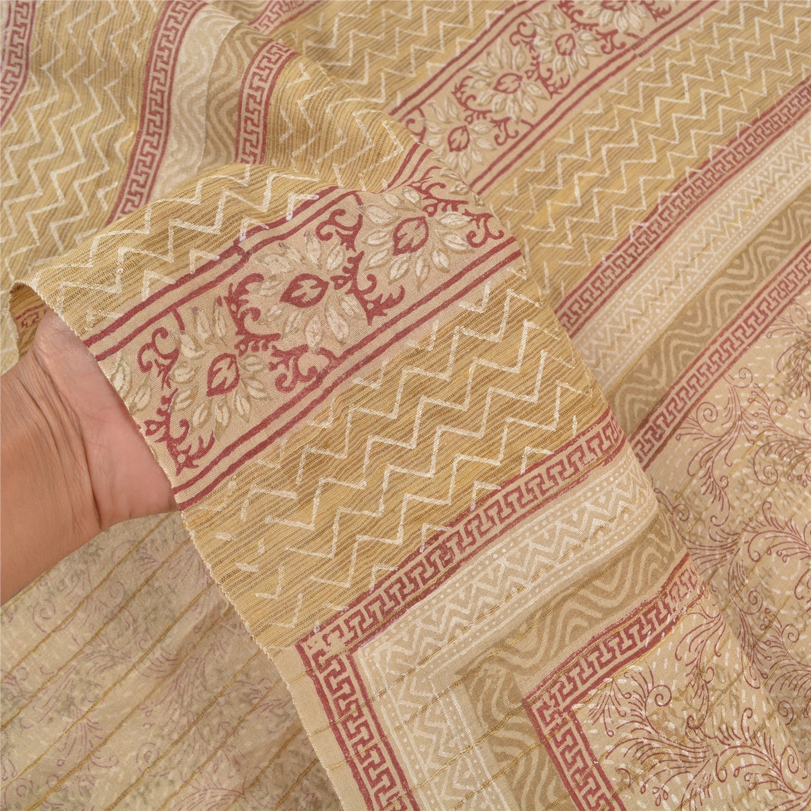 Sanskriti Vintage Saree 100% Pure Silk Ivory Indian Sarees Hand Block Printed 5 Yard Craft Fabric Ideal for Decor, Bag Making, or Quilts”