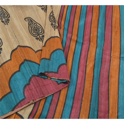 Sanskriti Vintage Heavy Ivory Sarees Pure Handloom Silk Printed Sari Sustainable Fabric