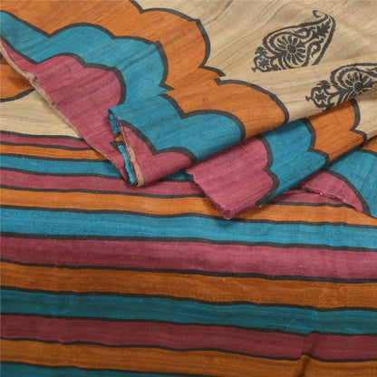 Sanskriti Vintage Heavy Ivory Sarees Pure Handloom Silk Printed Sari Sustainable Fabric