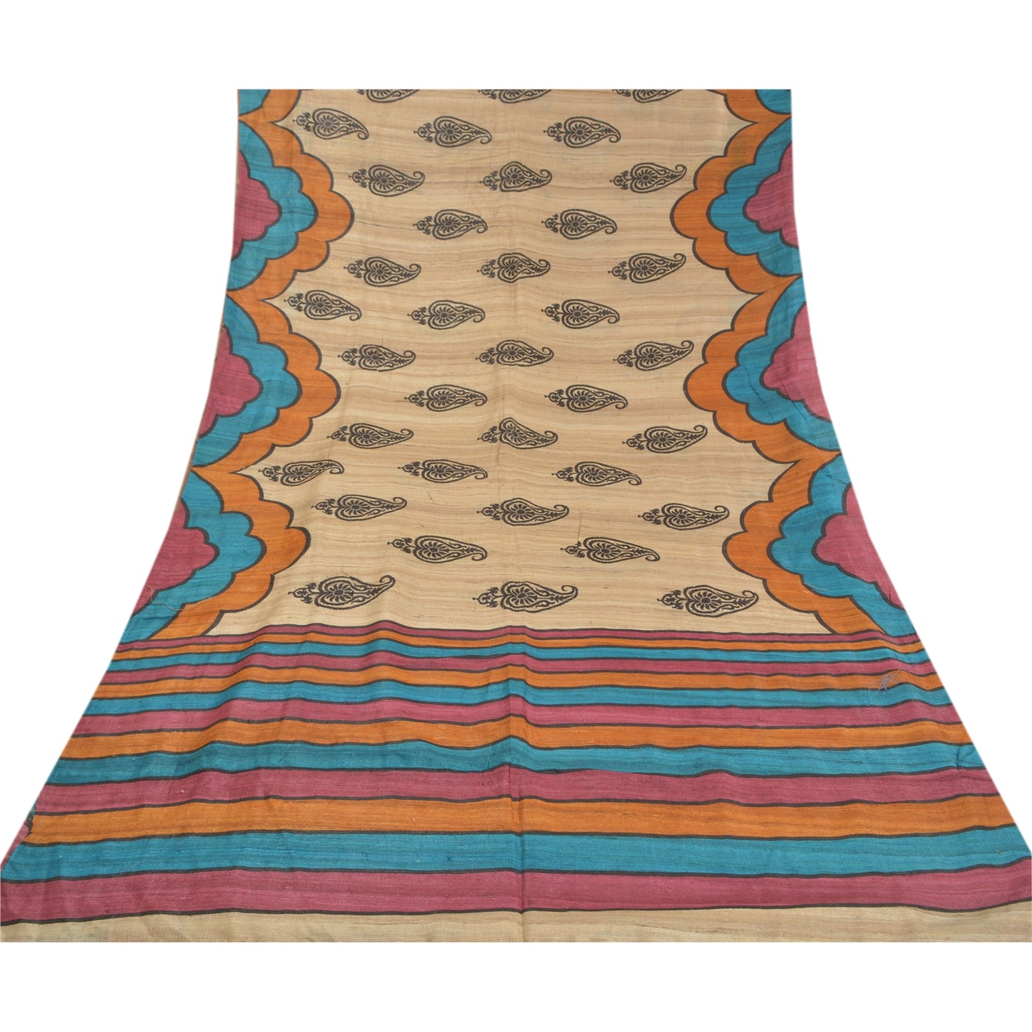 Sanskriti Vintage Heavy Ivory Sarees Pure Handloom Silk Printed Sari Sustainable Fabric