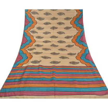Sanskriti Vintage Heavy Ivory Sarees Pure Handloom Silk Printed Sari Sustainable Fabric