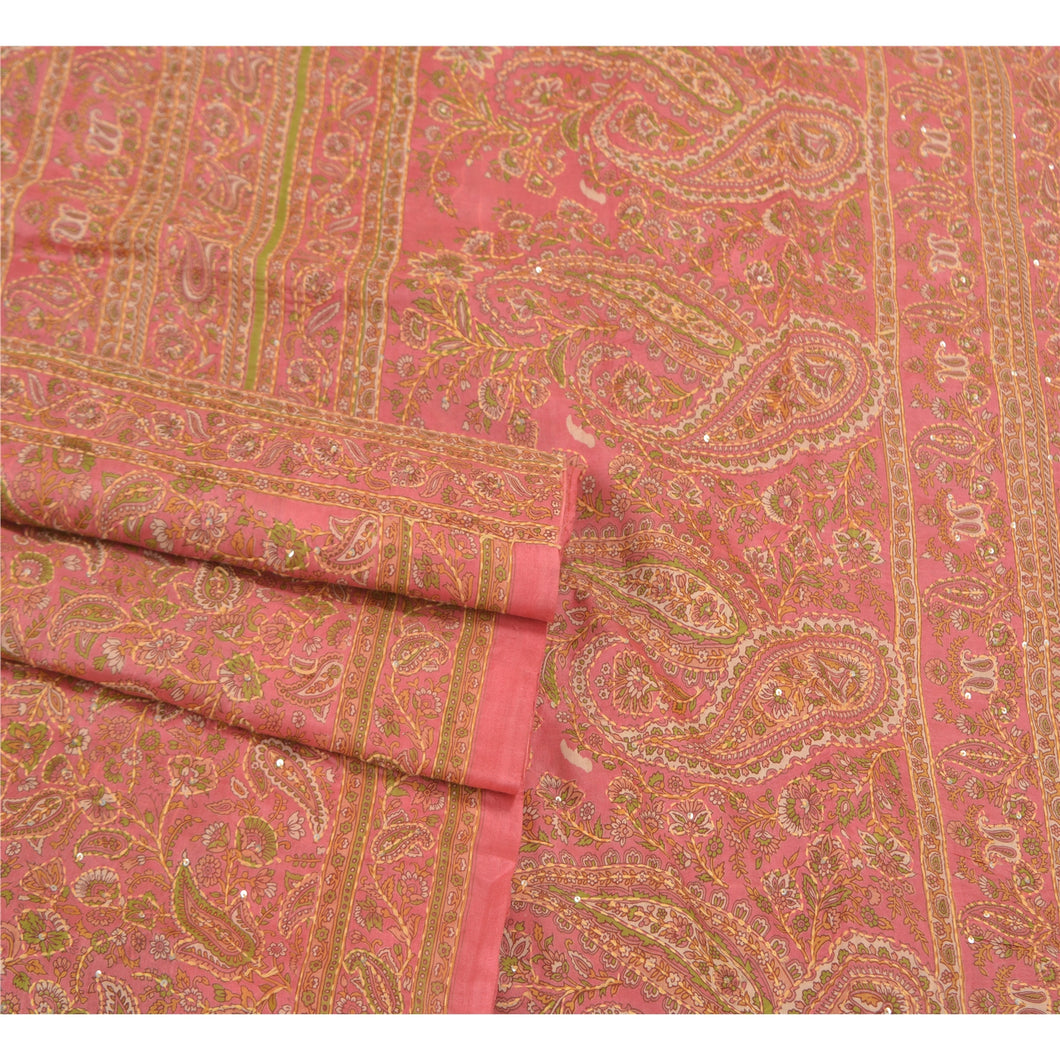 Sanskriti Vintage Pink Heavy Sarees Pure Silk Hand Beaded Kantha Sari Fabric