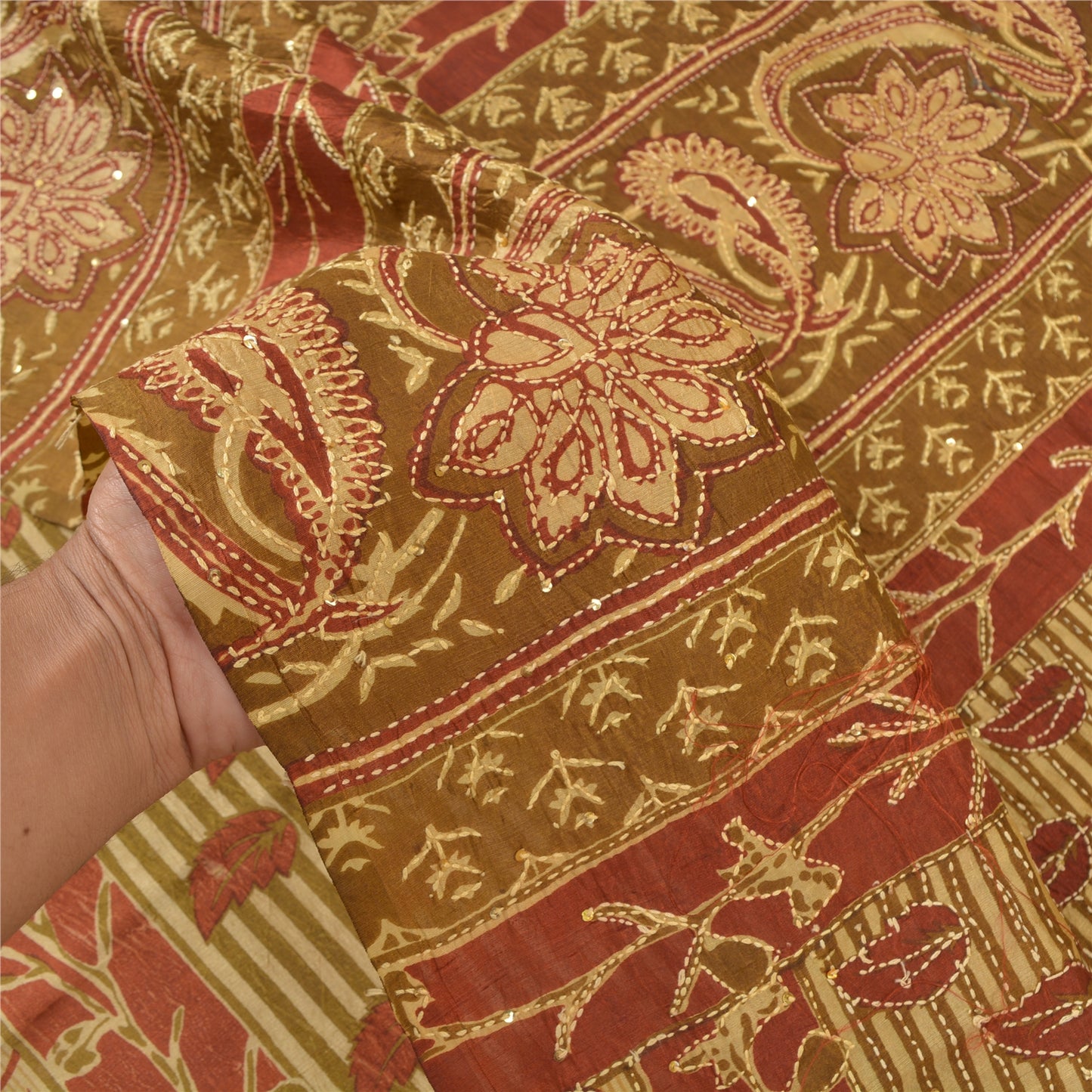 Sanskriti Vintage Heena Green Heavy Sarees Pure Silk Handmade Kantha Sari Sustainable Fabric