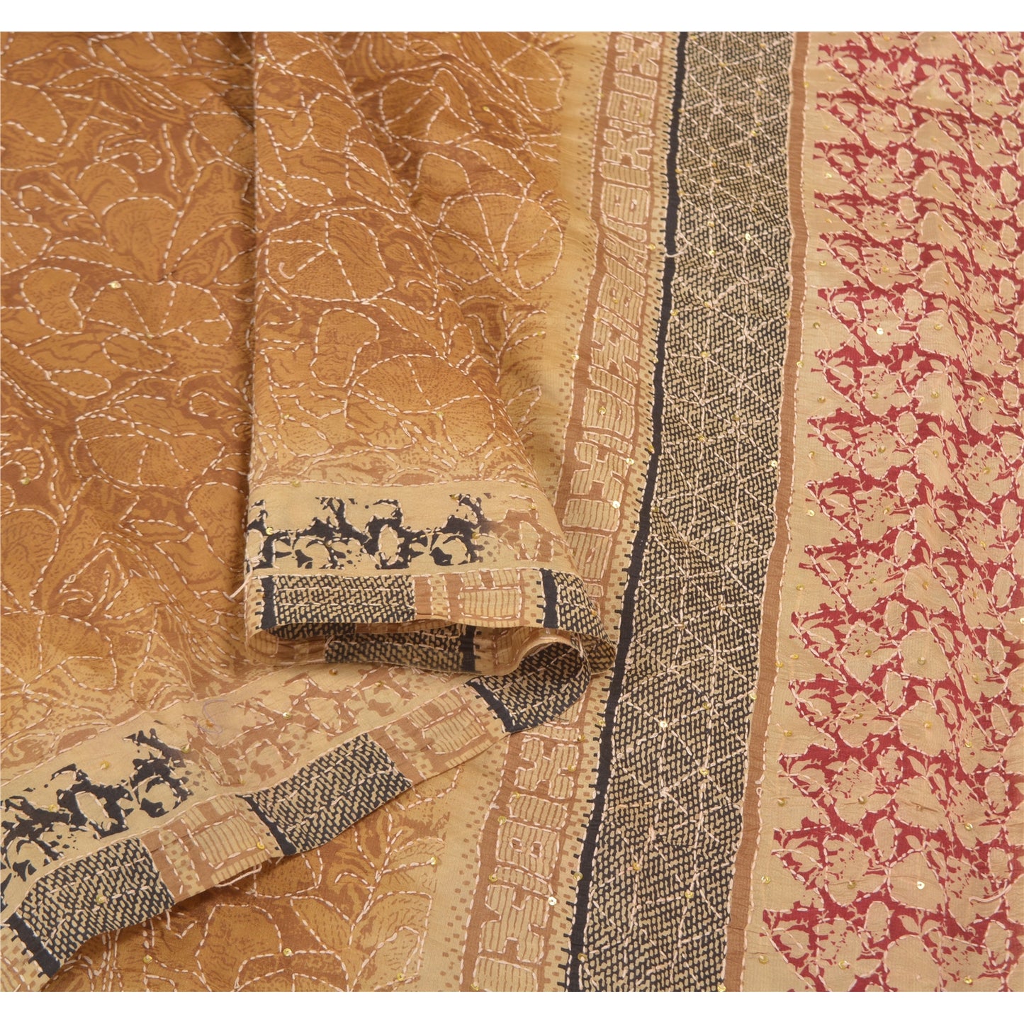 Sanskriti Vintage Heavy Brown Sarees Pure Silk Hand Beaded Kantha Sari Sustainable Fabric
