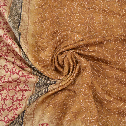 Sanskriti Vintage Heavy Brown Sarees Pure Silk Hand Beaded Kantha Sari Sustainable Fabric