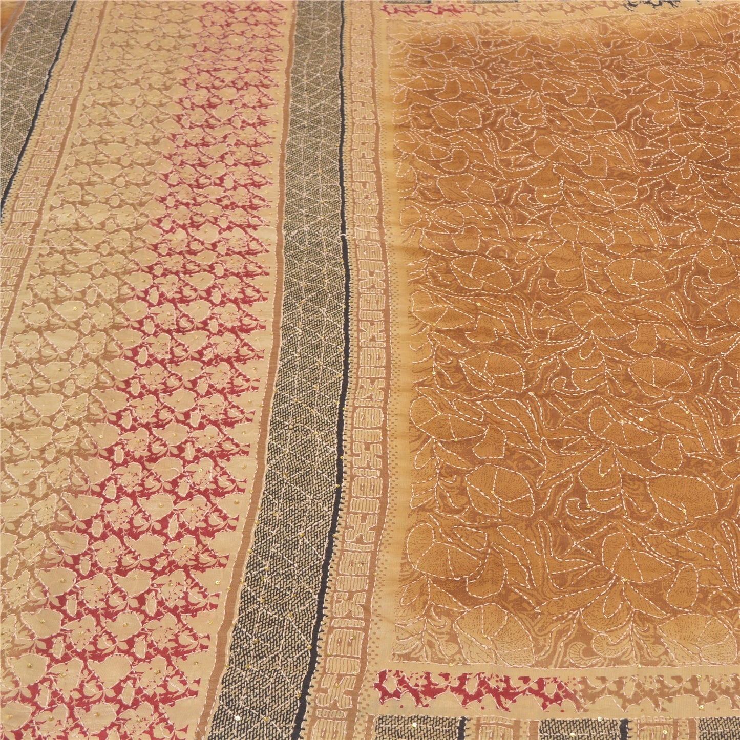 Sanskriti Vintage Heavy Brown Sarees Pure Silk Hand Beaded Kantha Sari Sustainable Fabric