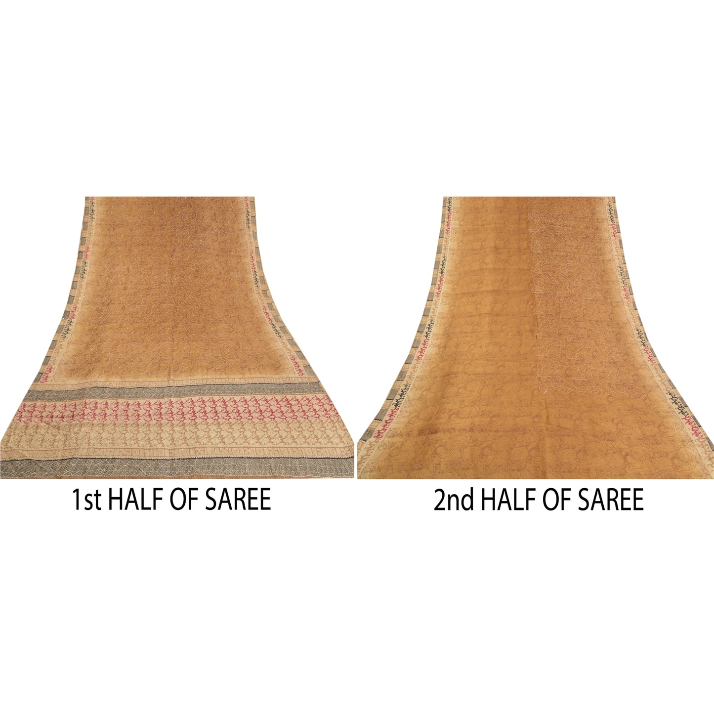 Sanskriti Vintage Heavy Brown Sarees Pure Silk Hand Beaded Kantha Sari Sustainable Fabric