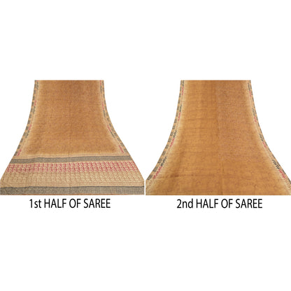 Sanskriti Vintage Heavy Brown Sarees Pure Silk Hand Beaded Kantha Sari Sustainable Fabric