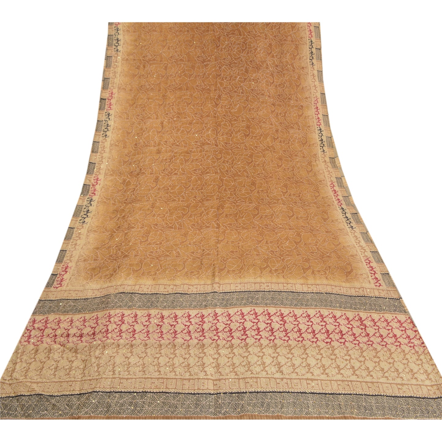 Sanskriti Vintage Heavy Brown Sarees Pure Silk Hand Beaded Kantha Sari Sustainable Fabric