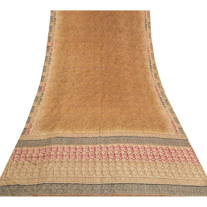 Sanskriti Vintage Heavy Brown Sarees Pure Silk Hand Beaded Kantha Sari Sustainable Fabric