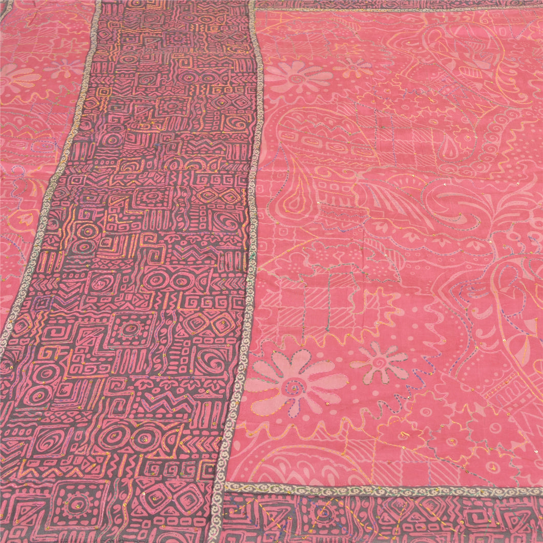 Sanskriti Vintage Heavy Pink Sarees Pure Silk Hand Beaded Kantha Sari Fabric
