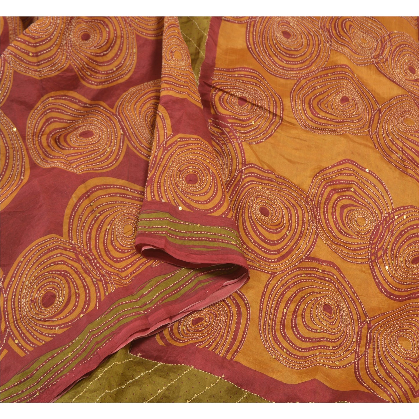 Sanskriti Vintage Heavy Red Sarees Pure Silk Hand Beaded Kantha Sari Sustainable Fabric